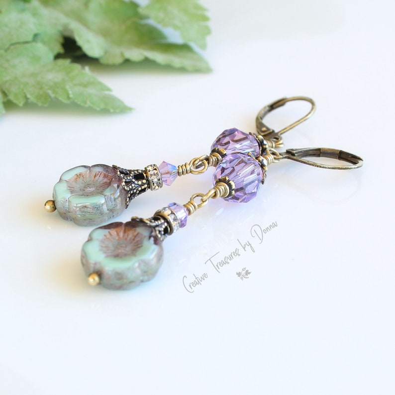 Czech Glass Hawaiian Flowers, Violet Premium Crystals, Brass Earrings