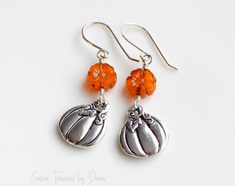 Fall Autumn Jewelry, Halloween Pumpkin Earrings, Sterling Silver, Silver Pumpkin Charms, Czech Glass Flowers, Orange Earrings, Holiday