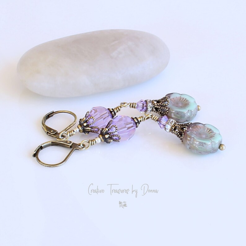 Czech Glass Hawaiian Flowers, Violet Premium Crystals, Brass Earrings
