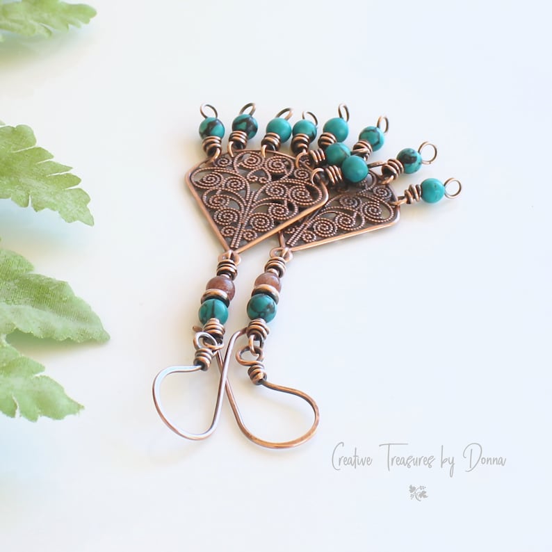 Copper Earrings Rustic Earrings Southwest Earrings Gift For Her Sunstones Chandelier Earrings Turquoise Gemstones Copper Filigree Fan