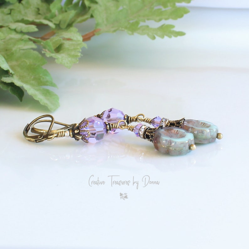 Czech Glass Hawaiian Flowers, Violet Premium Crystals, Brass Earrings