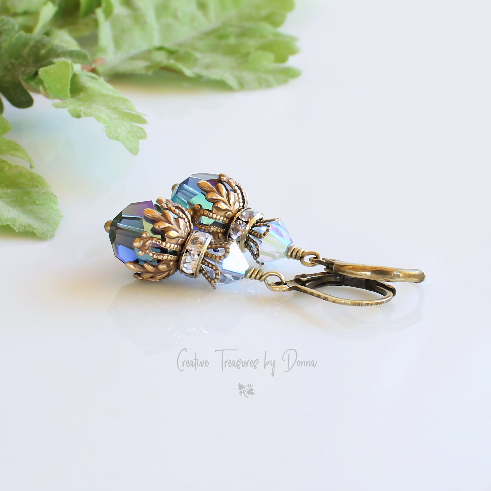 Blue Brass Earrings, Brass Earrings, European Crystals, Victorian ...