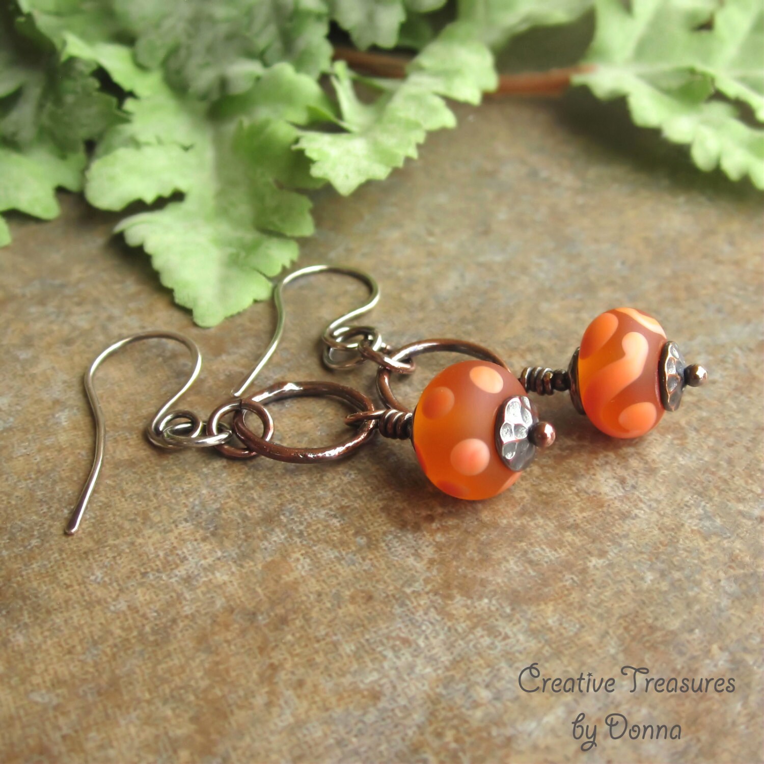 Orange Copper Earrings Lampwork Glass Beads Copper Hoops Sterling ...