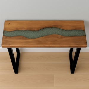 Modern Wood and Epoxy Console Table | Live Edge River Resin Entryway Table | Handmade Hallway Table with Metal Legs