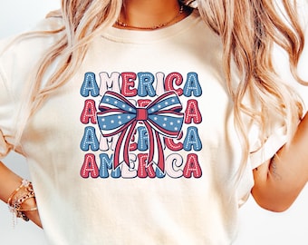 Coquette American Shirt, Coquette Bow Shirt, 4th of July Shirt, USA Bow Shirt, Patriotic Bow Shirt,  Coquette America Bow Shirt for July 4th