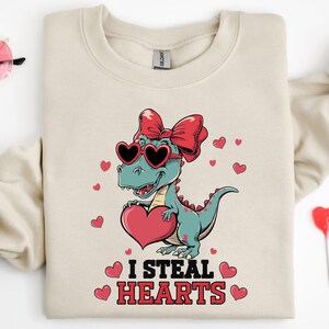 I Steal Hearts Valentines Day Shirt, Cute Dinosaur Valentine Shirt, Funny T-Rex Valentines Day Sweatshirt, Dinosaur Heart Kids Shirt