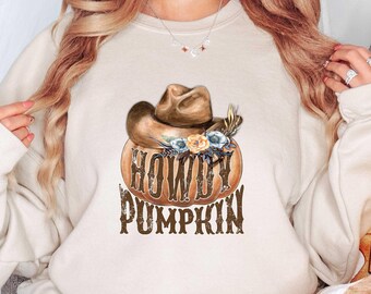 Camiseta Howdy Pumpkin, camiseta de otoño del oeste, camiseta con lazo coqueto de otoño, vibraciones de otoño, sudadera de otoño, regalo de Acción de Gracias, camiseta de vaquera, sudadera