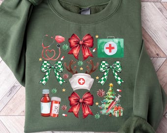 Christmas Nurse Shirt or Sweatshirt, Cute Holiday Nurse Icons Tee, Doctor Life Medicine Present Gift, Winter Nursing Gifts