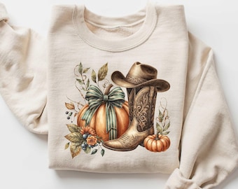 Western Fall Sweatshirt, Halloween Pumpkin Girl Sweatshirt, Cowgirl Sweatshirt, Pumpkin and Boots Sweatshirt, Hello Fall Sweatshirt