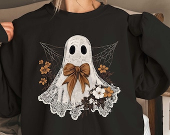Halloween Lace Ghost Sweatshirt, Cut Floral Ghost Sweater, Spooky Fall Floral Shirts, Coquette Bow Girl Halloween T-Shirt, Lacey Ghost Tee