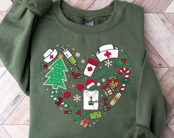 Christmas Nurse Shirt or Sweatshirt, Cute Holiday Nurse Icons Tee, Doctor Life Medicine Present Gift, Winter Nursing Gifts