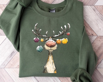 Maglietta vintage con renne, maglietta natalizia carina, t-shirt retrò con renne, maglietta di Buon Natale, felpa natalizia con renne