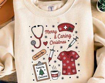 Christmas Nurse Shirt or Sweatshirt, Cute Holiday Nurse Icons Tee, Doctor Life Medicine Present Gift, Winter Nursing Gifts