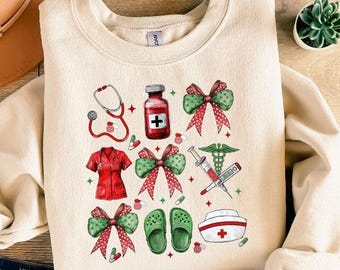 Christmas Nurse Shirt or Sweatshirt, Cute Holiday Nurse Icons Tee, Doctor Life Medicine Present Gift, Winter Nursing Gifts