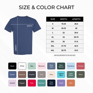 May include: A navy blue t-shirt with a size and color chart. The chart displays measurements in inches for sizes S to 4XL, with a variety of color options including black, white, and red. The text "SIZE & COLOR CHART" is at the top.