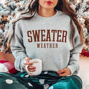 May include: A light gray crewneck sweatshirt featuring the text SWEATER WEATHER in dark brown block lettering across the chest. The garment has long sleeves and a ribbed neckline, cuffs, and hem, providing a classic fit for casual wear.