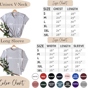 Op de afbeelding: Productafbeelding met een grijze unisex V-hals en een shirt met lange mouwen. Maattabellen tonen borst-, lengte-, breedte- en mouwmaten in inches. Een kleurentabel toont beschikbare opties, waaronder wit, rood, zwart, marineblauw, roze en bordeaux.