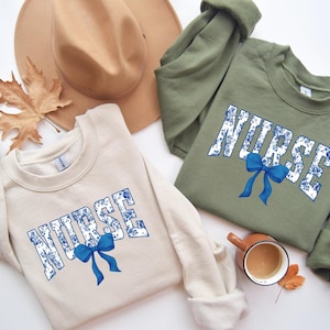 Nurse Toile Bow Sweatshirt, Coquette Nurse Shirt, Christmas Gift For Nurse, Registered Nurse Shirt, Floral Nurse Shirt, Toile Blue Bow Shirt