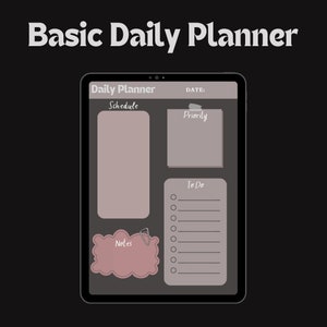Puede incluir: Un planificador diario digital en la pantalla de una tableta con secciones para la agenda, la prioridad, las tareas pendientes y las notas. El planificador tiene un fondo gris con acentos rosados.