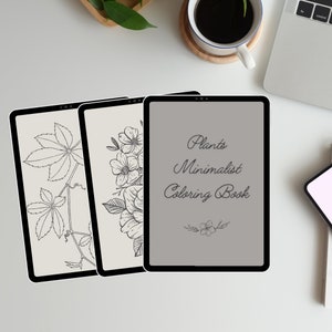 May include: A digital tablet displaying a colouring book cover with the title "Plants Minimalist Colouring Book" in black text on a grey background. The cover features a simple line drawing of a flower. Two other digital tablets are visible, each displaying a black and white line drawing of a plant.