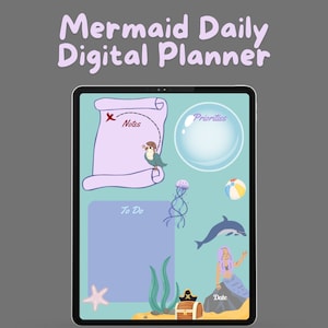 Puede incluir: Una aplicación de agenda digital en la pantalla de una tableta con un tema de sirena. La pantalla presenta un fondo azul claro con una lista de tareas, una sección de notas, una lista de prioridades y una sección de fecha. También hay ilustraciones de una sirena, un delfín, una medusa, un cofre del tesoro, una estrella de mar y un loro.