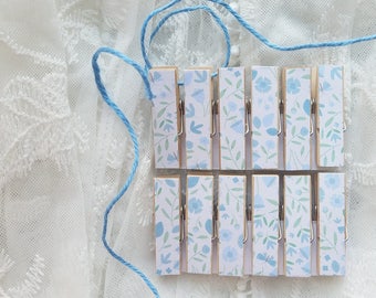 Bridal Wedding Boy Baby First Baby Shower - Blue Wildflowers Chunky Little Clothespin Clips w Twine for Display - Set of 12 - Gifts Under 10