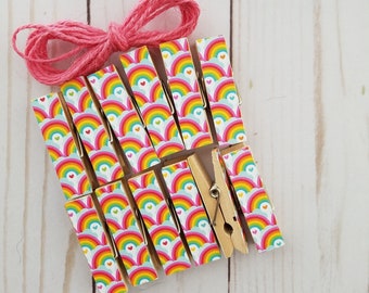 Picture Clothesline - Retro Rainbow Hearts Clips w Twine for Photo Display - Chunky Little Clothespin Set of 12 - 80s Hearts and Rainbows