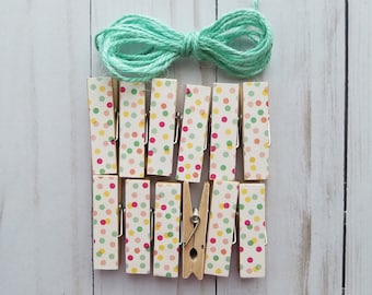 Mini Confetti Pastel Party Polka Dots Clips w Aqua Twine, Pic Display, Chunky Little Clothespins, Set of 12 Baby Shower Birthday Clothesline