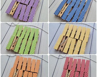 Brightly Colored Mini Clothespins w Polka Dots and Twine for Photo Display, Set of 12, Chose Your Color, Ready to Ship