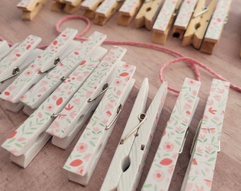 Photo Clothesline, Baby Shower Gift Games Cards, Banner Bunting, Girl Pink Wild Flowers, Painted Clothespin Clips Garland, Set of 12