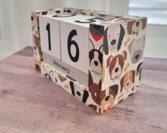 Handmade Perpetual Wooden Block Desk Calendar - Doggie Dog Pet Icons - Home School, Work Office Desk, Vet Gift