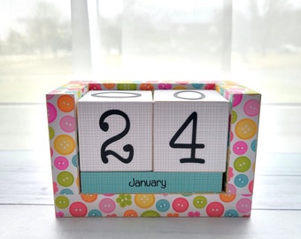 Perpetual Wooden Block Calendar, Desk Calendar, Cute Sewing Buttons, Studio Decor, Gifts for Mom, Gifts for Her, Gifts Under 20