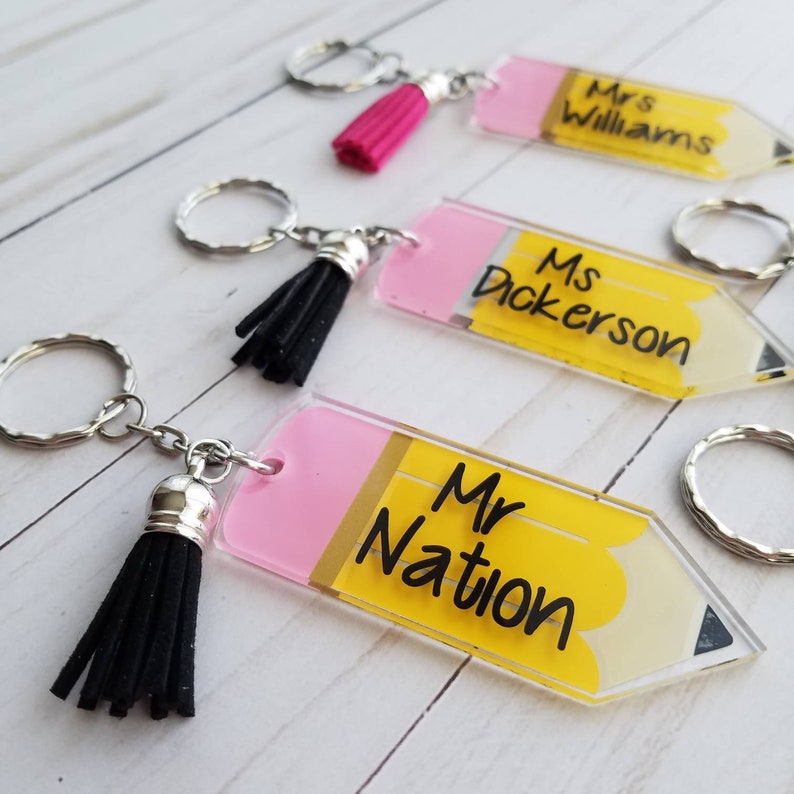Personalized Teacher Name Acrylic Pencil Keychain with Tassel image 0