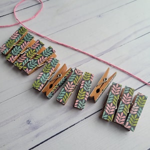 Mini Clothespins Clothesline, Dorm Room, Housewarming Gift, Retro Pink Blue Green Feathery Branches, Twine for Display, Farm Country Core