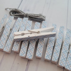 Photo Clothesline, Baby Shower Gift Games Cards, Banner Bunting, Blue and Gray Plaid, Painted OR Natural Clothespins Garland, Set of 12