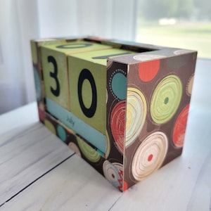 Handmade Wood Perpetual Calendar, Wooden Block Calendar, Whimsical Wood Slices, Green Blue, Gifts for 20 - Ready to Ship