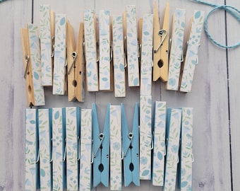 Wedding or Baby Shower Photo Clothesline, Blue Wild Flowers, Banner Display, Painted OR Natural Clothespin Clips Garland, Set of 12