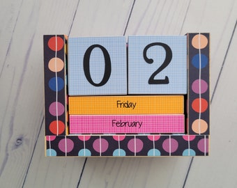 Handmade Perpetual Wooden Block Desk Calendar, Month and Day, Big Polka Dots on Navy, Colorful Core, Desk Calendar