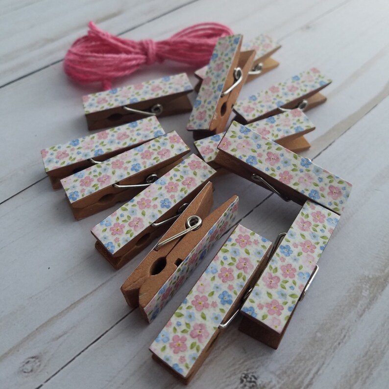 Natural Summer Romantic Wild Flowers Clips w Twine for Photo Display Wedding Shower Clothesline Chunky Little Clothespin Set of 12