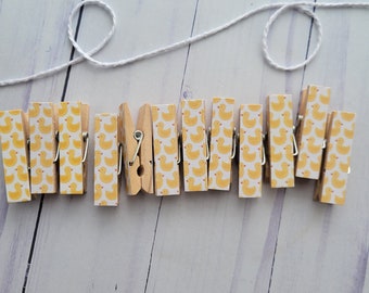 Rubber Duck Clothespin Clothesline Garland - First Baby Shower Birthday Game, Duckies, Chunky Little Clothes Pins - Postcard Gift Display
