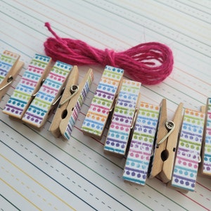 Mini Clothespins - Picture Garland Clothesline, Fun School Stripes Spiral Notebook, Classroom , Magenta Twine for Photo Display, Set of 12