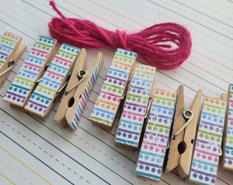 Mini Clothespins - Picture Garland Clothesline, Fun School Stripes Spiral Notebook, Classroom , Magenta Twine for Photo Display, Set of 12