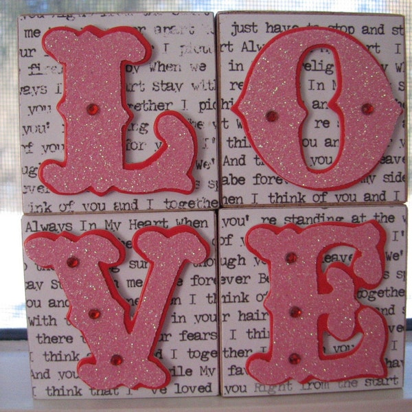 LOVE - Wooden Block Red and Pink Heart Valentine Holiday Decoration