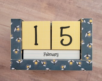 Perpetual Wooden Block Calendar, Desk Calendar, Lightening Bugs, Fireflies, Navy Blue and Yellow, Gifts for Her, Gifts Under 20