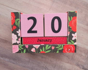 Perpetual Wooden Block Calendar - Crimson Red and Pink Carnations and Roses Wild Flowers  - Handmade Valentine Gift - Ready to Ship