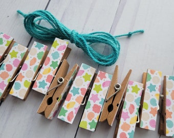 Chunky Little Clothespin Clips w Twine - Beach Party - Starfish - Shells - Set of 12 - Pool Party - Summer Memories - Beach Ocean Life