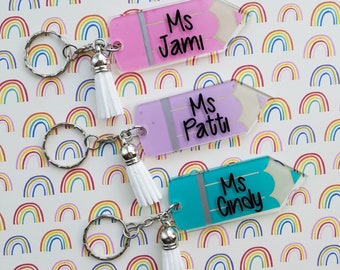 Personalized Teacher Name Acrylic Colored Pencil Keychain w Tassel, Pre School Teacher Appreciation Gift, Tutor