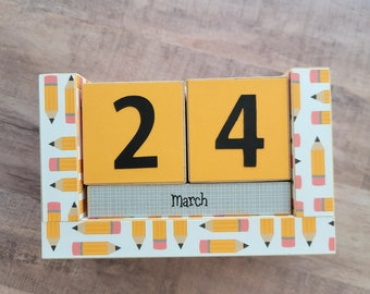 Perpetual Wooden Block Calendar - Elementary School Yellow Pencils - Classroom Primary Theme - Teacher Gifts - New Teacher Gift - for Grad