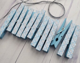 Photo Clothesline, Baby Shower Gift Games Cards, Banner Bunting, Blue and Gray Plaid, Painted OR Natural Clothespins Garland, Set of 12