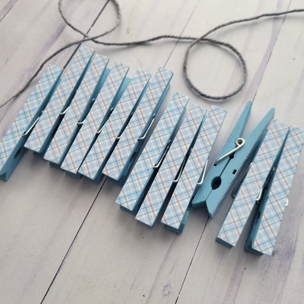 Photo Clothesline, Baby Shower Gift Games Cards, Banner Bunting, Blue and Gray Plaid, Painted OR Natural Clothespins Garland, Set of 12